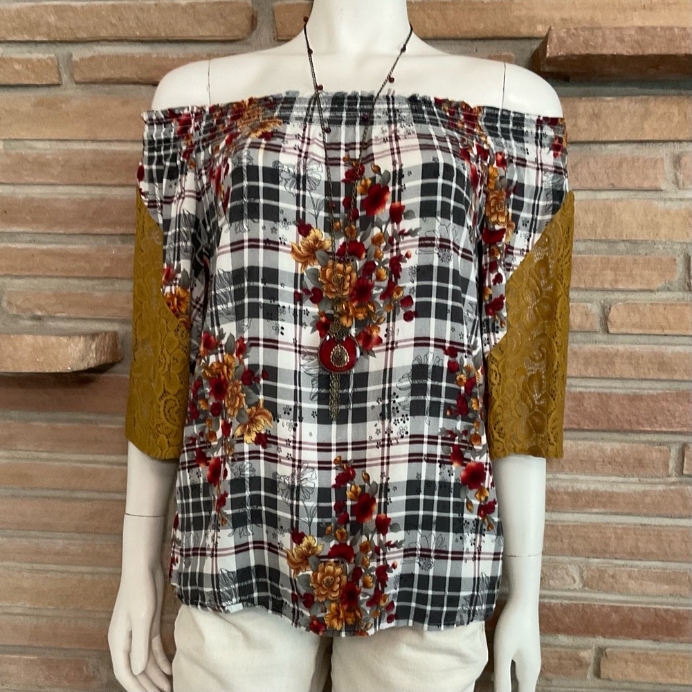 Cottagecore Off Shoulder Plaid Floral Top Lace Sleeves Large